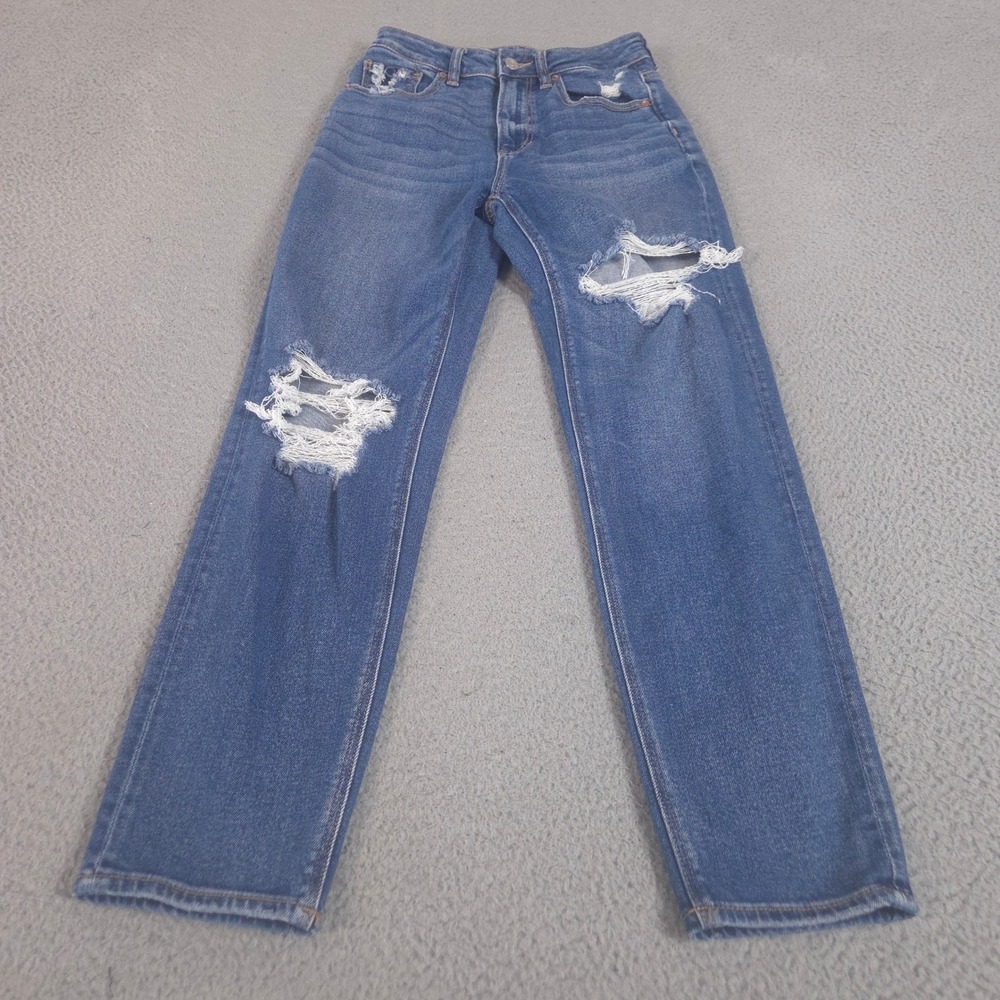 American Eagle Jeans Womens 0 Blue Mom Straight Distressed Ripped Denim Stretch